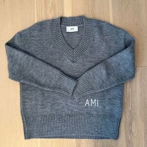 AMI Paris Gray V-Neck Wool Sweater